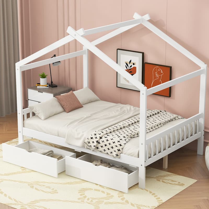 Full Size Platform Bed w/Drawers, Headboard, Footboard, Roof Design - White