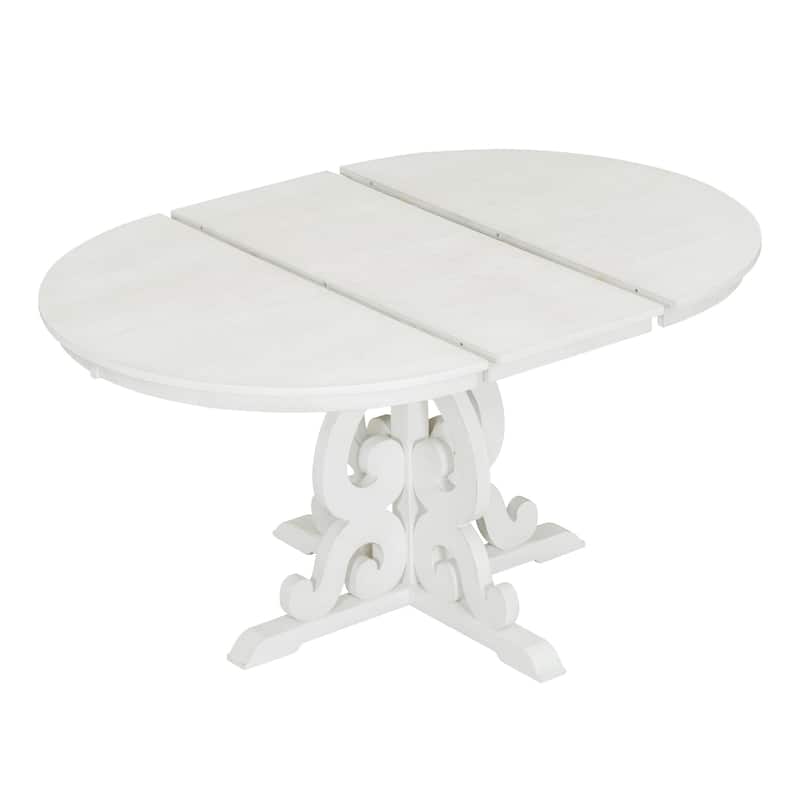 Carved Hollowed Dining Table Legs, 5-Piece Extendable Dining Table Set, Round (42'') to Oval (58''), 4 Linen Cushions Chairs