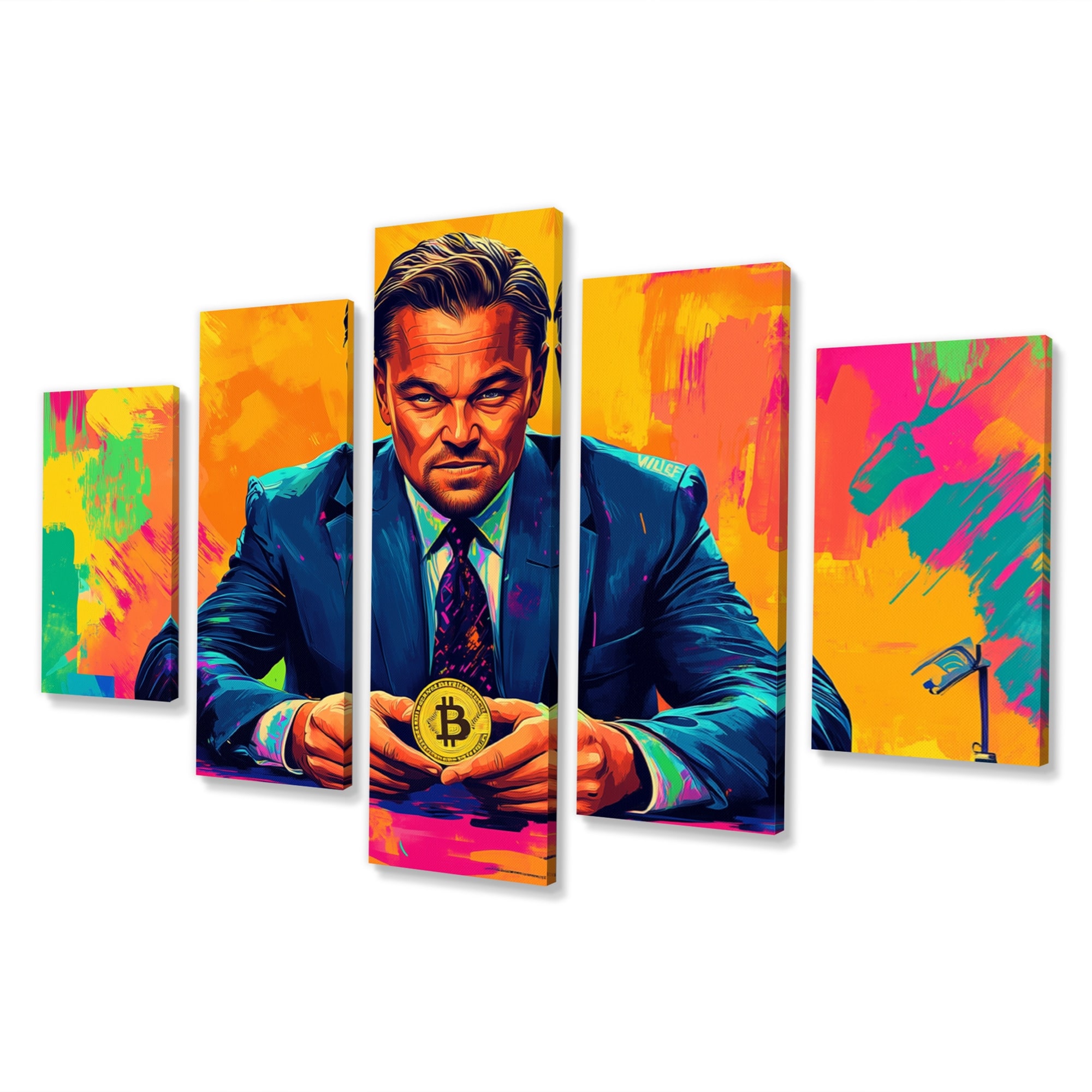 Designart - Popart Bitcoin Leonardo Dicaprio - Wolf of Wall Street Canvas  Wall Art Set - Oversized Glam Wall Decor - Bed Bath & Beyond - 42799342