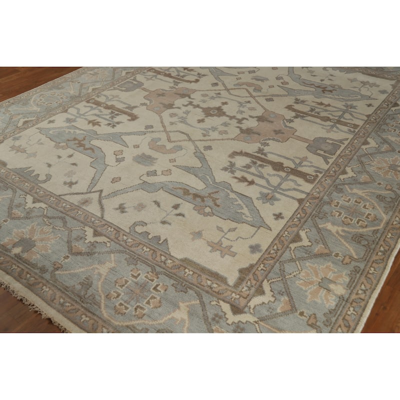 Beige Floral Oushak Indian Area Rug Hand-Knotted Wool Carpet - 8'1" x 9'10"