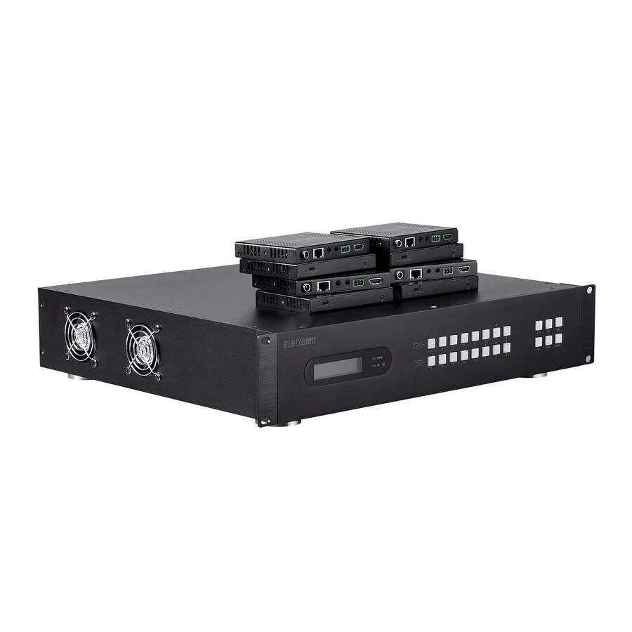 Monoprice 4k 18gbps Hdbaset 8x8 Hdmi Matrix Extender Switch Over Cat6 Black With 8 Receivers And 8 Ir Kits Blackbird