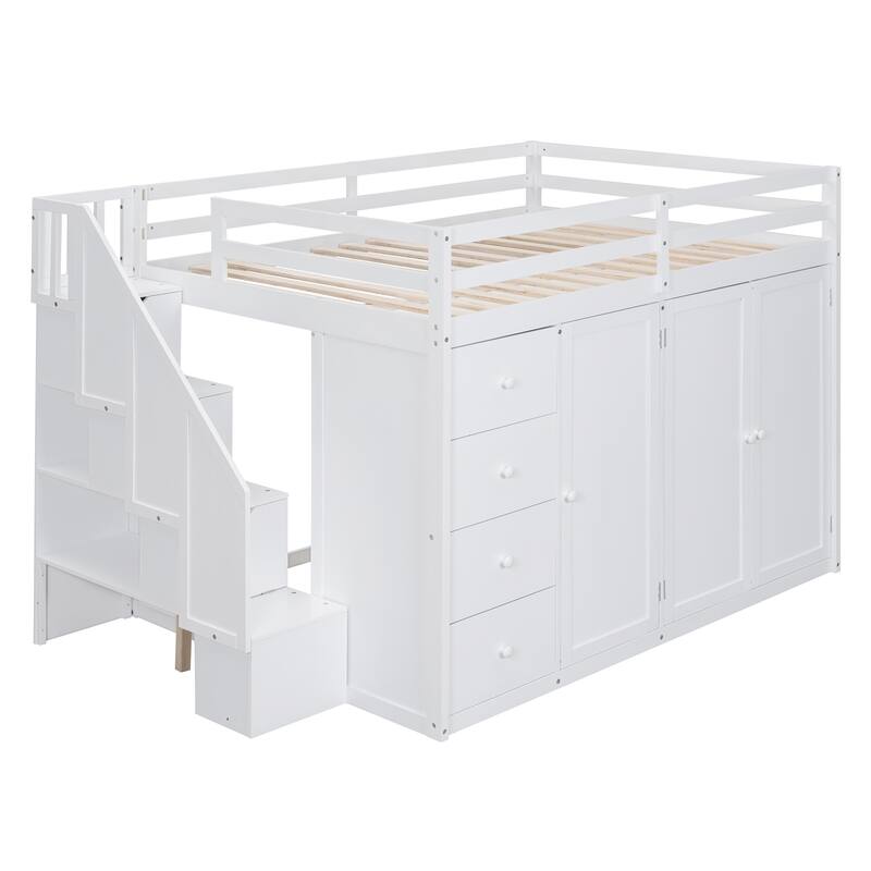 Roomfitters Full Size Loft Bed with Wardrobe, Drawers and Storage Staircase, White