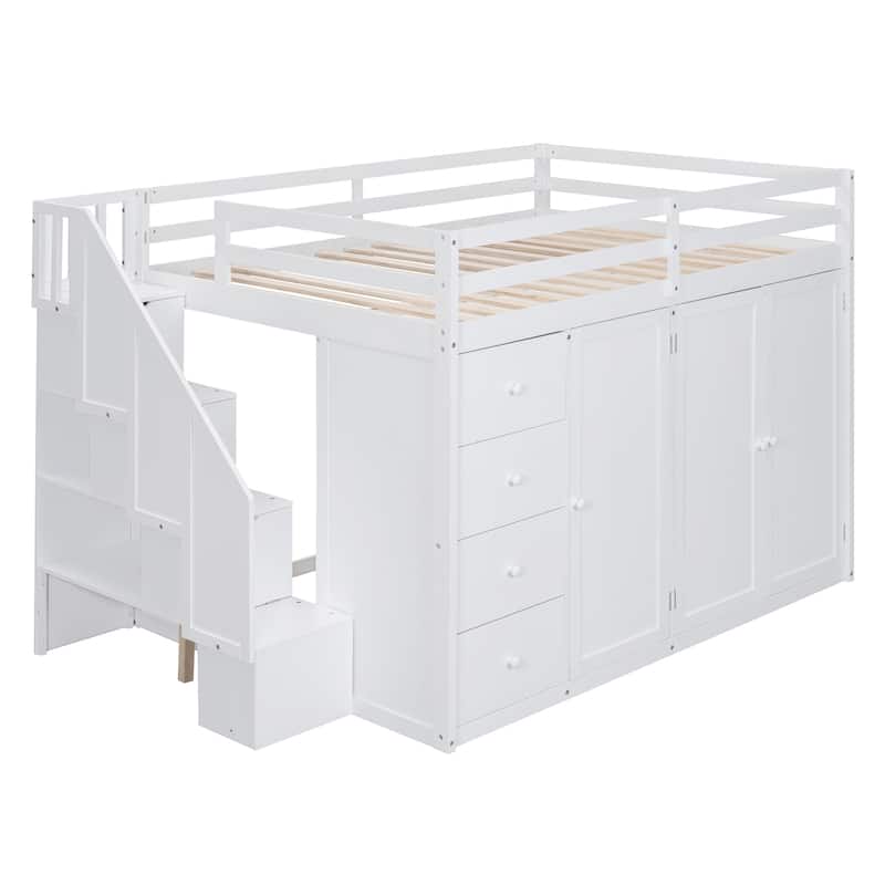 White Full Size Loft Bed with Built-in Wardrobes and Staircase, Space-Saving Design