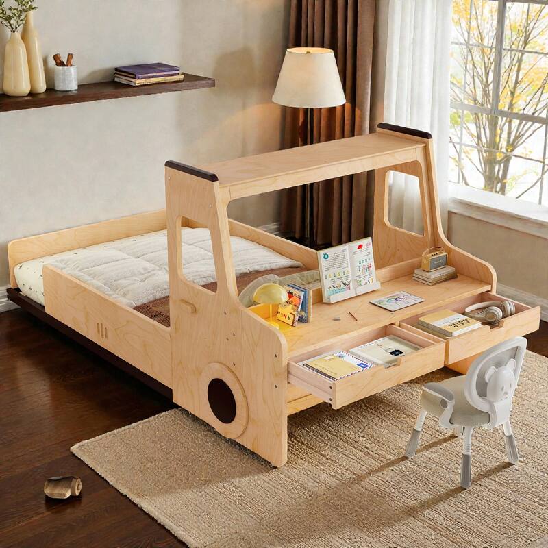 Kids Car Floor Bed with Storage Drawers and Desk, Car-Shaped Wood Floor Bed with Window, Twin Full Sizes - Natural - Twin