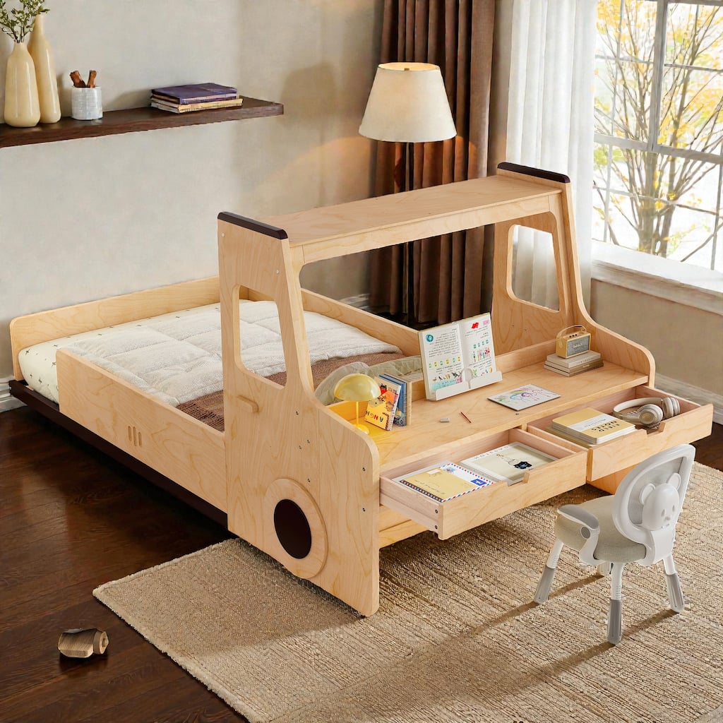 Kids Car Floor Bed with Storage Drawers and Desk, Car-Shaped Wood Floor Bed with Window, Twin Full Sizes