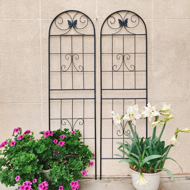Anmytek Decorative Metal Garden Trellis Set of 2 with Arch Top Daisy Motifs Green Weather Resistant Climbing Plant Support
