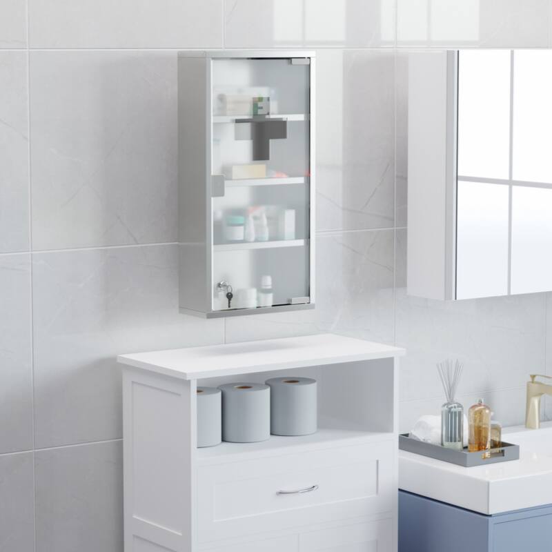 Wall Mounted Medicine Cabinet, Locking Wall Cabinet with 4 Tier Shelves,Silver