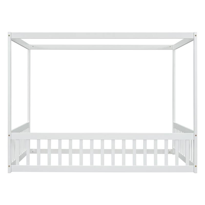 Canopy Frame Floor Bed with Fence, Guardrails