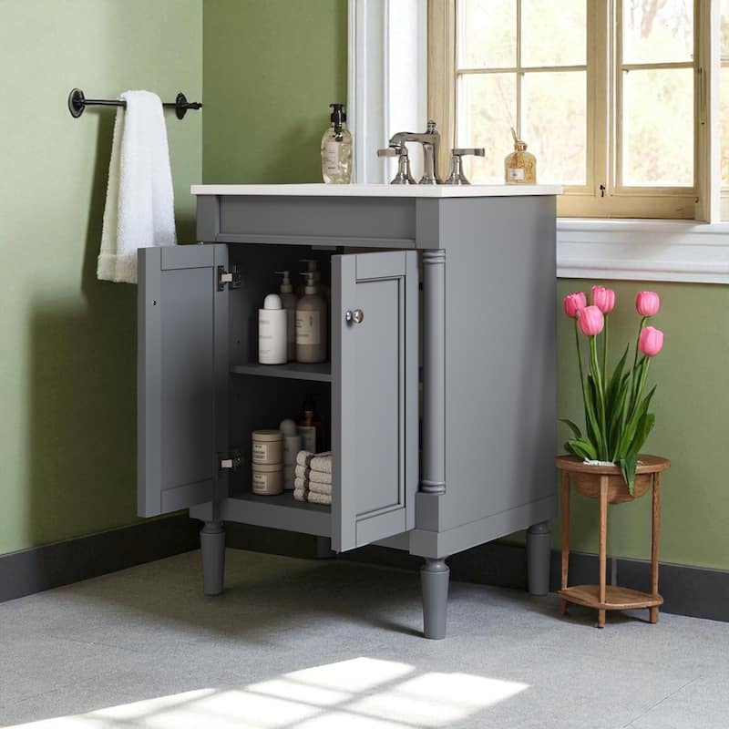 24'' Bathroom Vanity with Sink, Freestanding Modern Cabinet with Storage Shelves and Double Doors, Small Bathroom Vanity