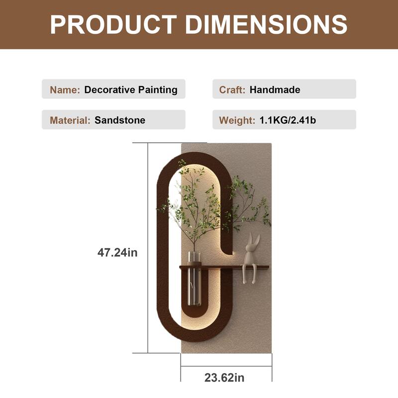 Adjustable 3-Color LED Sandstone Wall Decor with Simulated Green Plants - 3D Art Sculpture, Glass Vase & Rabbit Statue