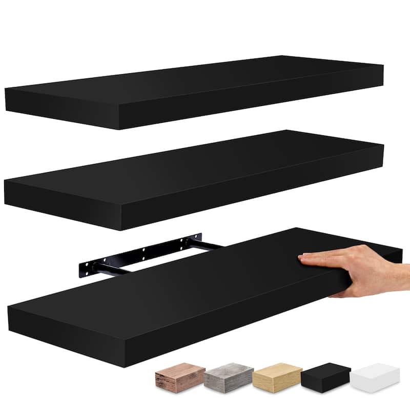 Sorbus Floating Wall Shelves Wood Wall Mounted Decor for Books and Storage with Invisible brackets - Set of 3 - Black