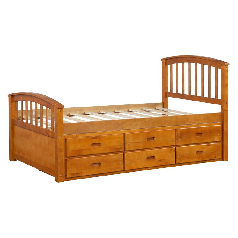 Twin Size Platform Captains Storage Bed Solid Wood Daybed with 6 Drawers Bookcase Bed Low Profile Bed Panel Bed