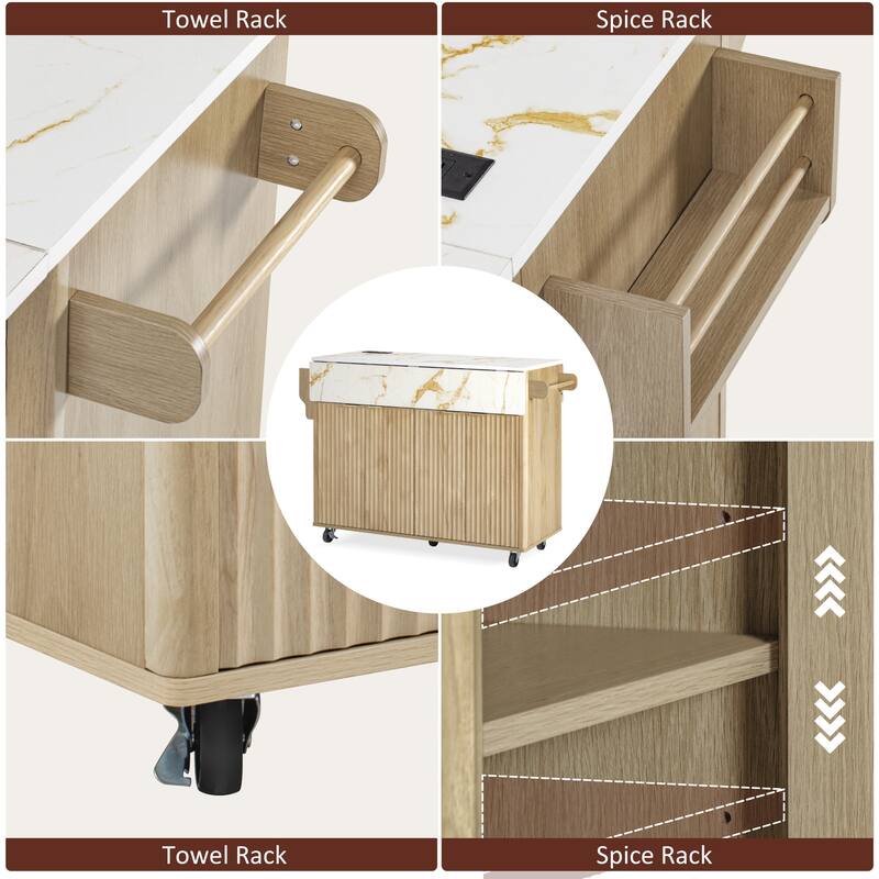 Roomfitters 55.5" Fluted Kitchen Island with Double Drop Leaf, Storage Cart with Power Outlet & Wood-grain Top