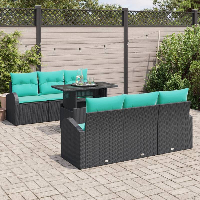vidaXL 7 Piece Garden Sofa Set with Cushions Black Poly Rattan - 70.5×24.4×27.2