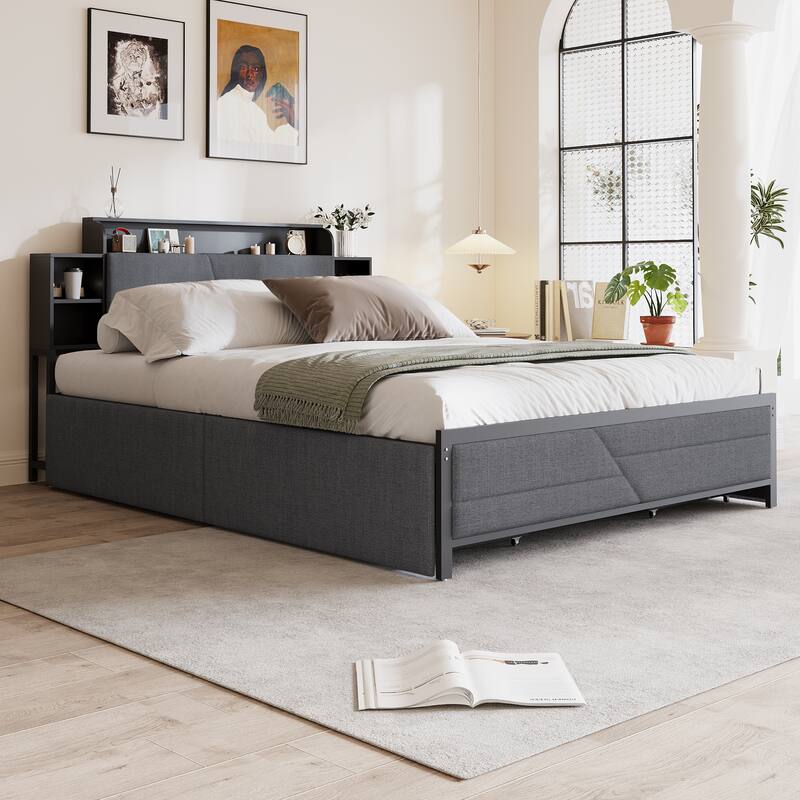 French Queen Size Bed Frame Platform with Brown/Black Storage Headboard & 4 Storage Drawers