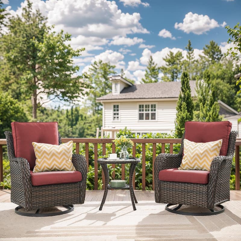 Gymojoy Wicker Swivel Glider Chair Outdoor Rocking Seating with Olefin Cushions - Brown Wicker / Red Cusion - 3-Piece