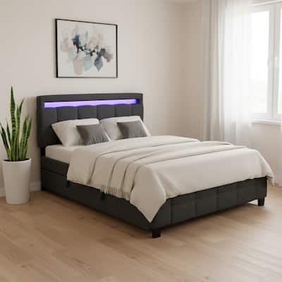 HomeRoots Black Tufted Upholstered Lighted Queen Bed Frame With Trundle And USB And Drawers