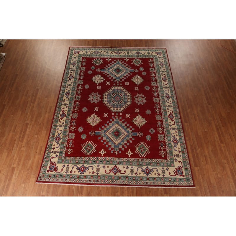 Red Geometric Kazak Oriental Area Rug Handmade Traditional Wool Carpet - 9'7" x 13'1"