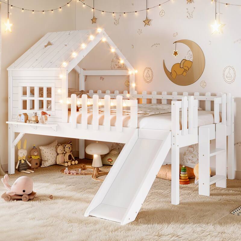 House Loft Bed with Slide and LED Lights, Kids Playhouse Bed with Star & Moon Cutout Roof and Window, Low Loft Bed