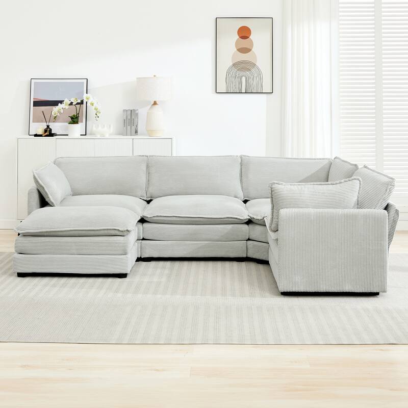 Multi-Seater Corduroy Sectional Sofa with Removable Ottomans & Corner Seat, Soft & Comfortable