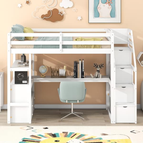 slide 2 of 12, White Loft Bed with Side Storage Stairs, L-shape Desk Underneath Built-in 2 Large Drawers, Shelves, Twin Size Loft Storage Bed White - Twin