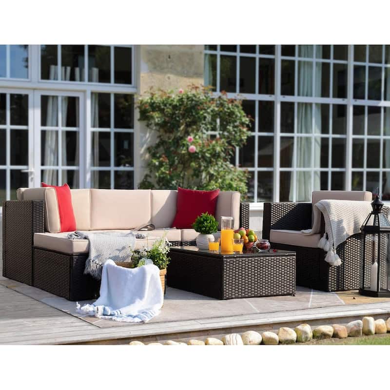 6-piece Cushioned Faux Rattan Patio Sectional Sofa Conversation Set - Beige/Brown