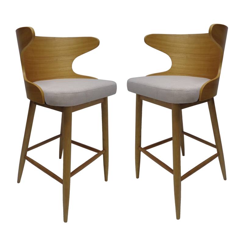 Mid-Century Set of 2 Bar Stools with Backrests Fabric Cushioned Seats, Solid Wood Legs for Dining Room Living Room and Bar