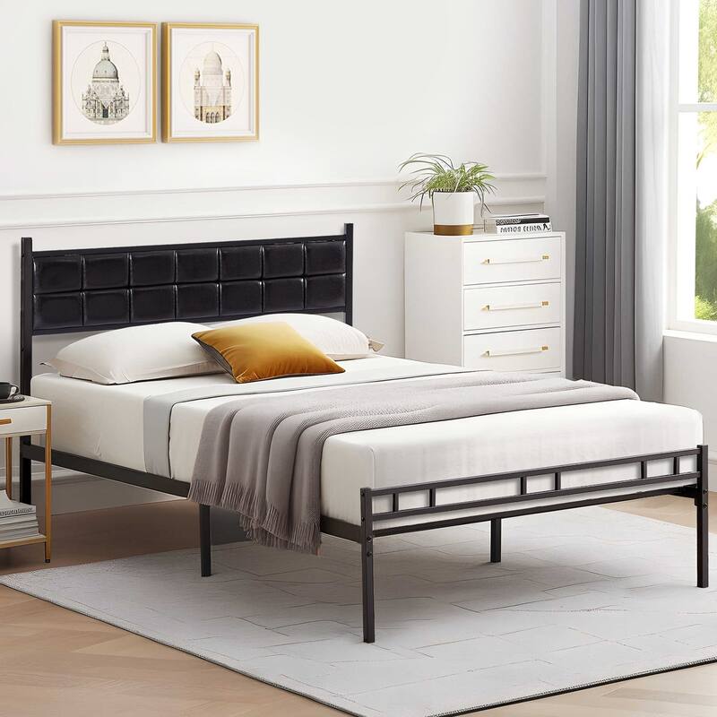 VECELO Faux Leather Tufted Bed, Metal Frame Bed Frame