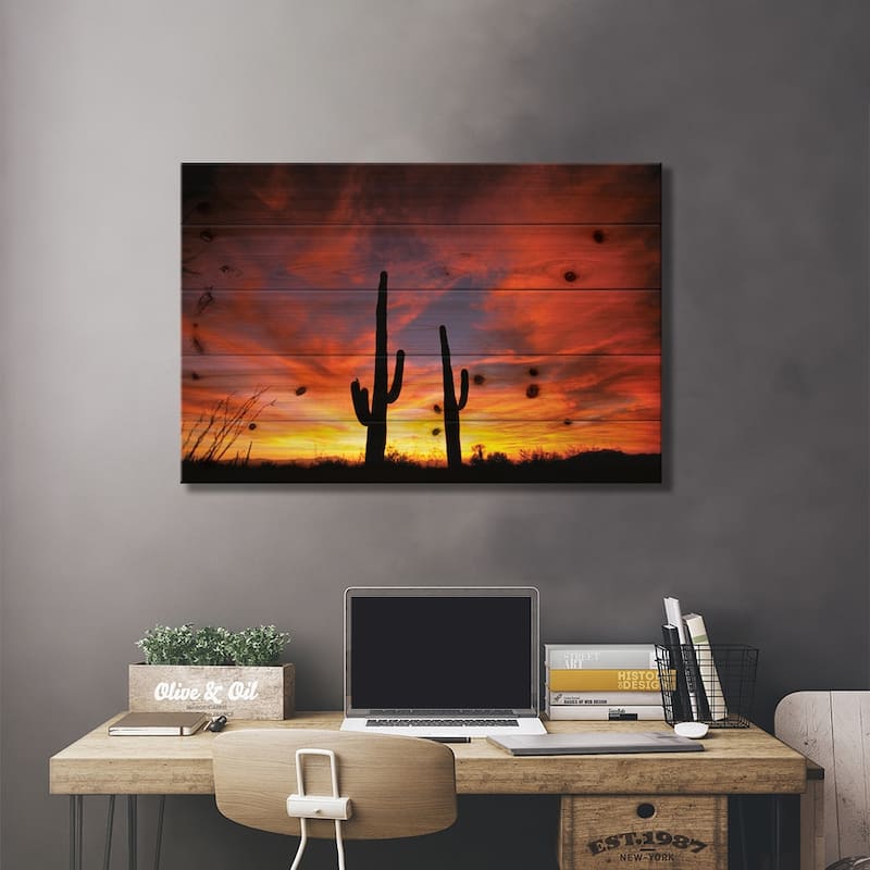 A Pair Of Saguaro Cacti At Sunset, Sonoran Desert, Arizona, USA Print On Wood by Marilyn Parver - Multi-Color