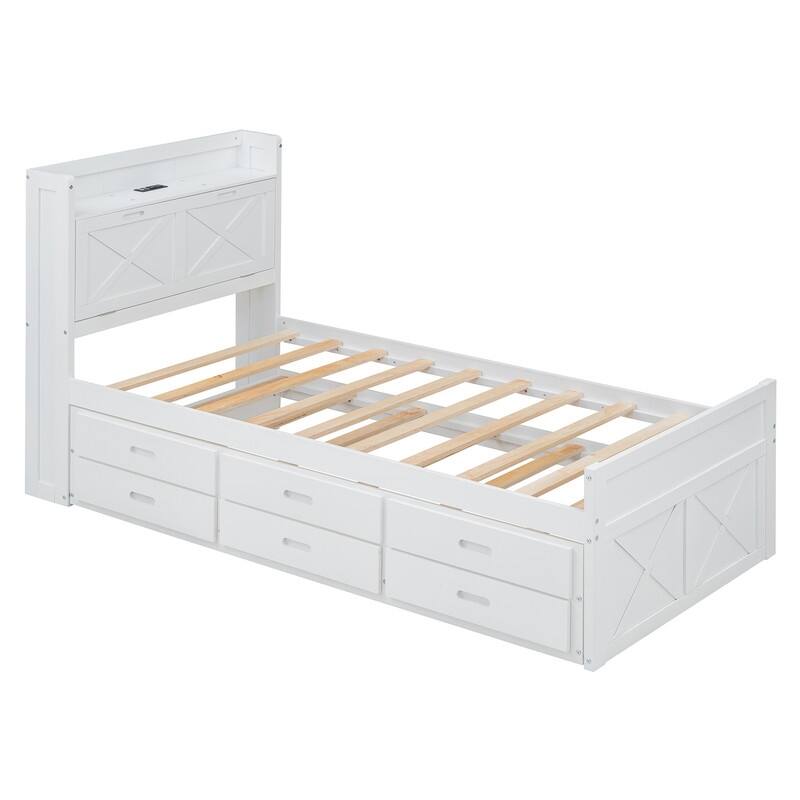 Wooden Bed with Storage Headboard with Outlets, Extendable Bed with Twin Size Trundle with Three Storage Drawers