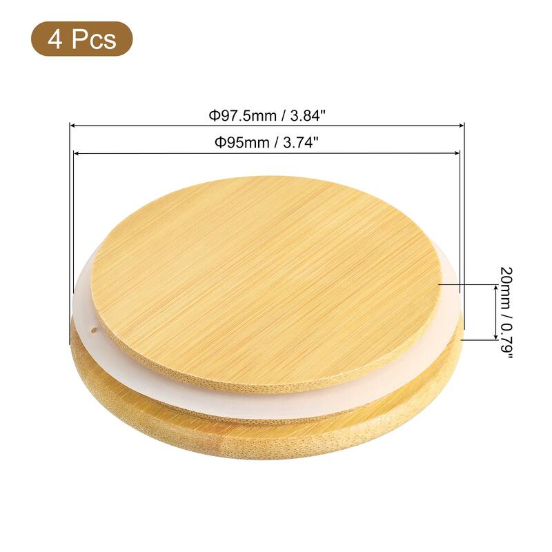 4Pcs Bamboo Lids with Silicone Sealing Rings, Wooden Mason Jar Lids - 3.82 Inch