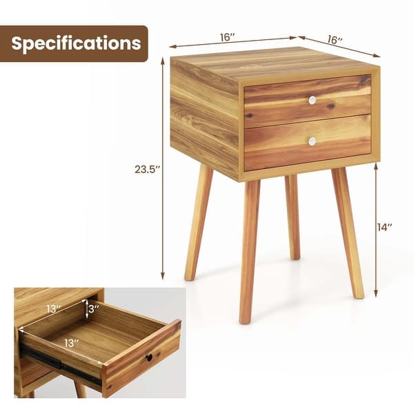 dimension image slide 1 of 3, Costway End Table W/Drawers and Storage Wooden Mid-Century Accent Side