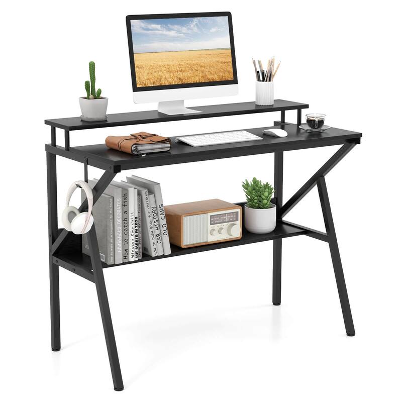 Costway Home Office Desk with Monitor Stand, Open Shelf & Metal Frame, - See Details - Black