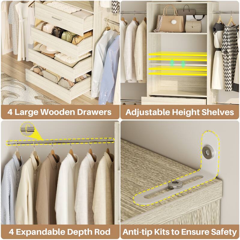 Modular Closet System Wardrobe Organizer 4 Adjustable Hanging Rods + 4 Wooden Drawers, Space-Saving for 4-9Ft Closets