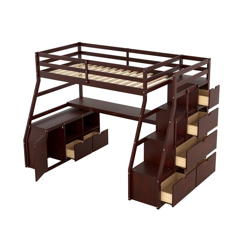 Roomfitters Twin Size Loft Bed with 7 Drawers, 2 Shelves and Desk, Espresso