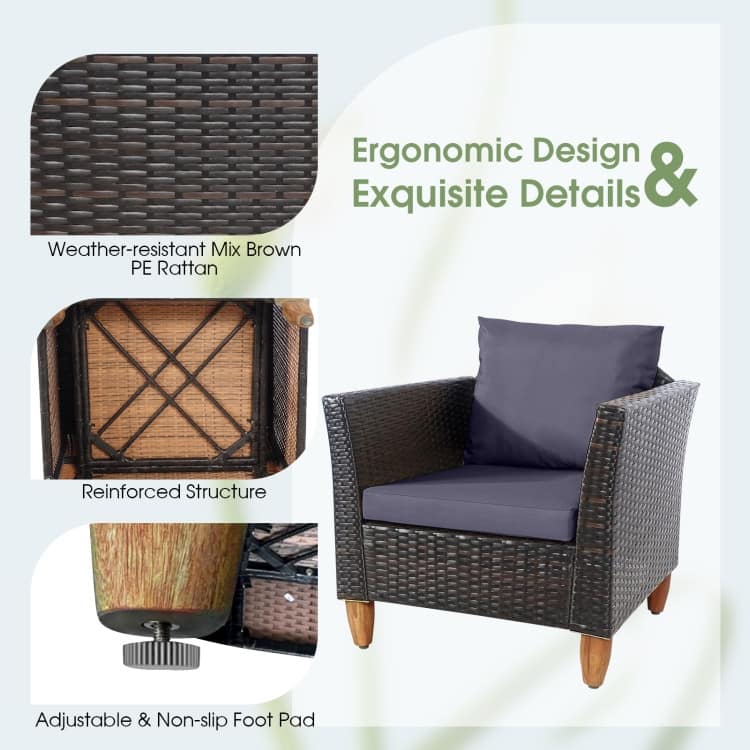 3 Pcs Outdoor Patio Rattan Furniture Set Wooden Table Top Cushioned Sofa - 29" x 27" x 28" (L x W x H)