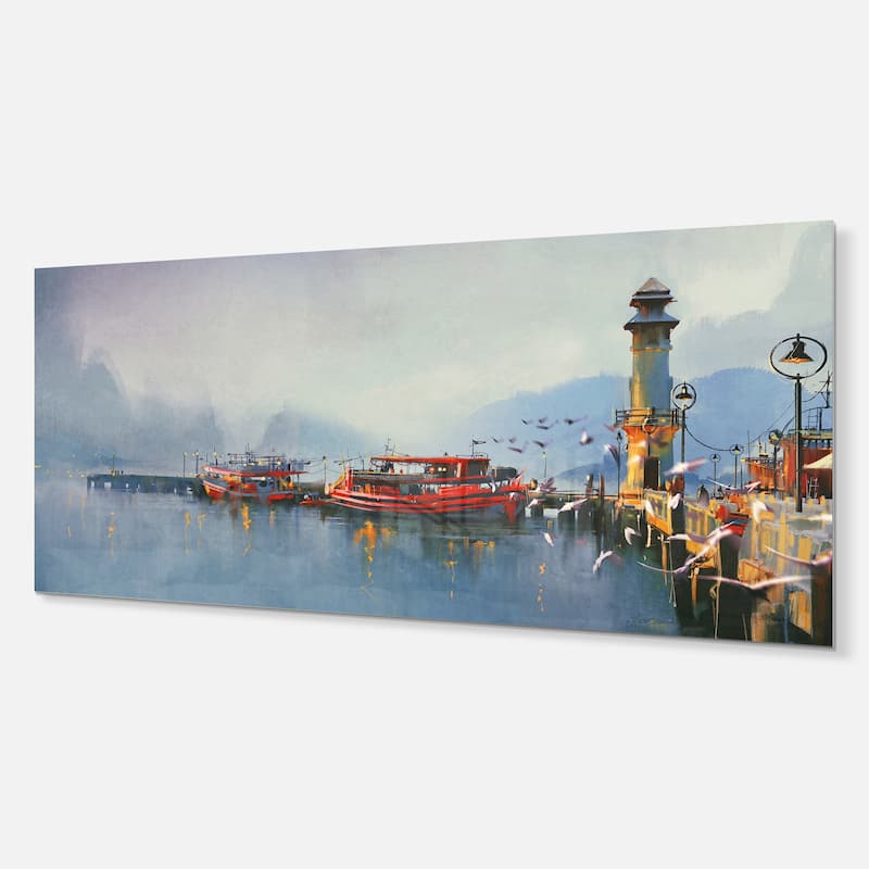Designart 'Fishing Boats in Harbor' Landscape Metal Wall Art