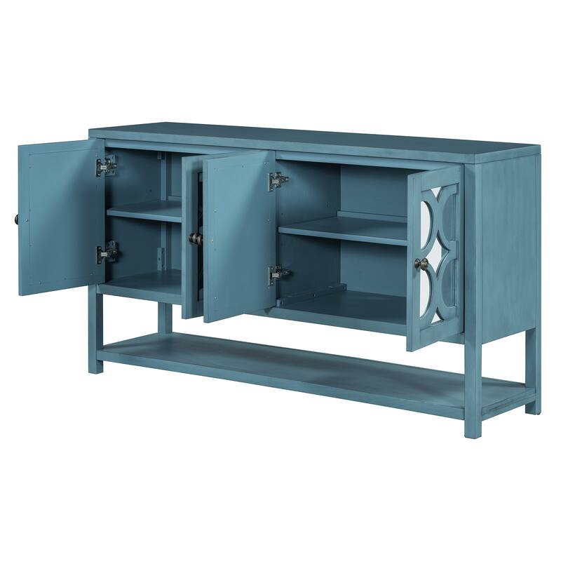 60" Retro Wooden Console Table Storage Cabinet with Mirrored Doors, Spacious Shelves and Acacia Wood Legs
