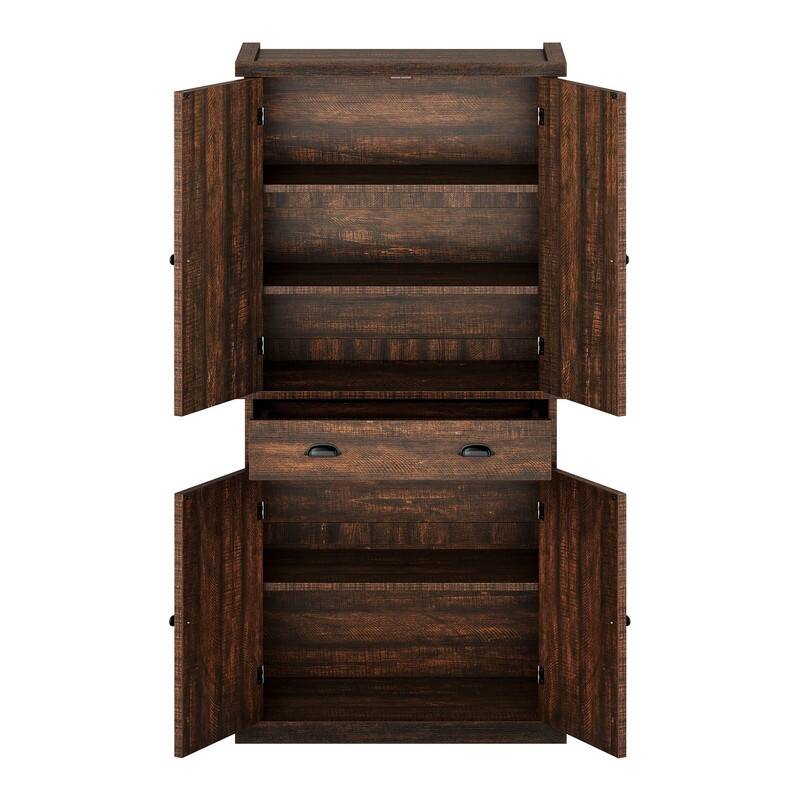 Farmhouse Kitchen Storage Pantry Cabinet with with 4 Barn Doors and Large Drawer & Adjustable Shelves