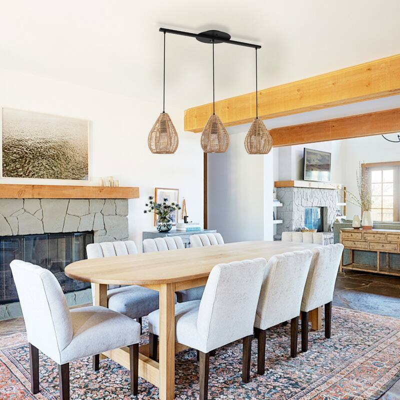3 - Light Rattan Linear Chandelier for Dining Room, Black Metal Bohemian Style - Matte Black
