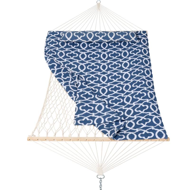 Durable 2 Person Rope Hammock with Polyester Quilted Pad and Pillow - 76*52 - Blue Pattern