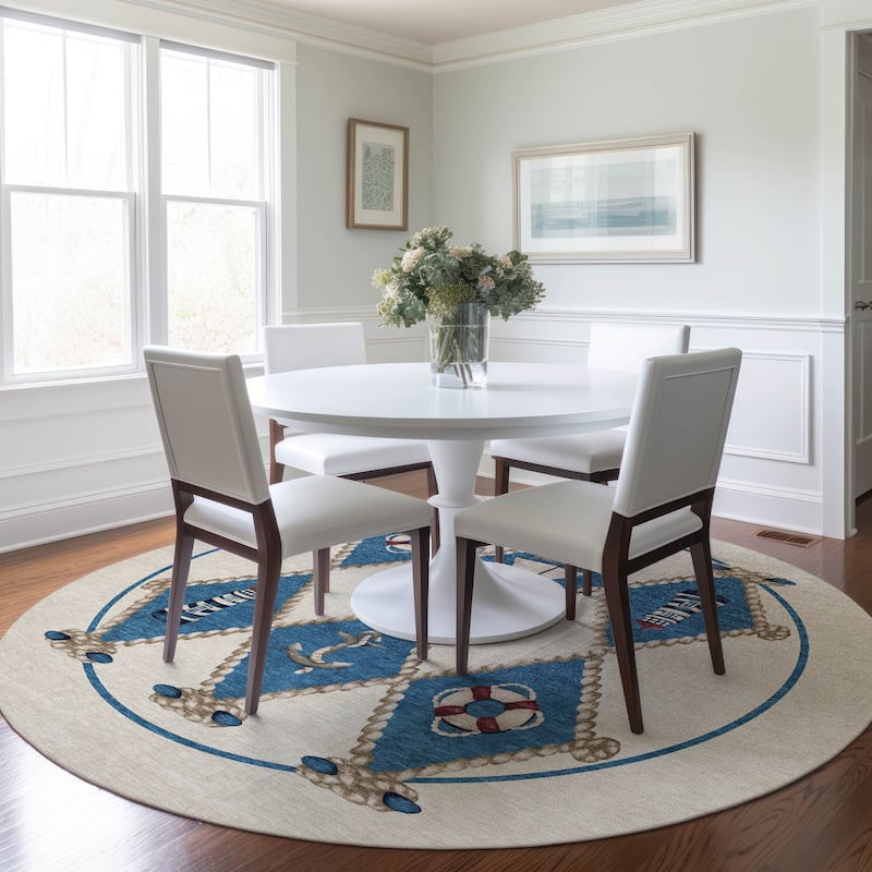 Premium Washable Super Soft Lighthouse Anchor Coastal Mayfield Rug - Ivory - 8' x 8' - Round