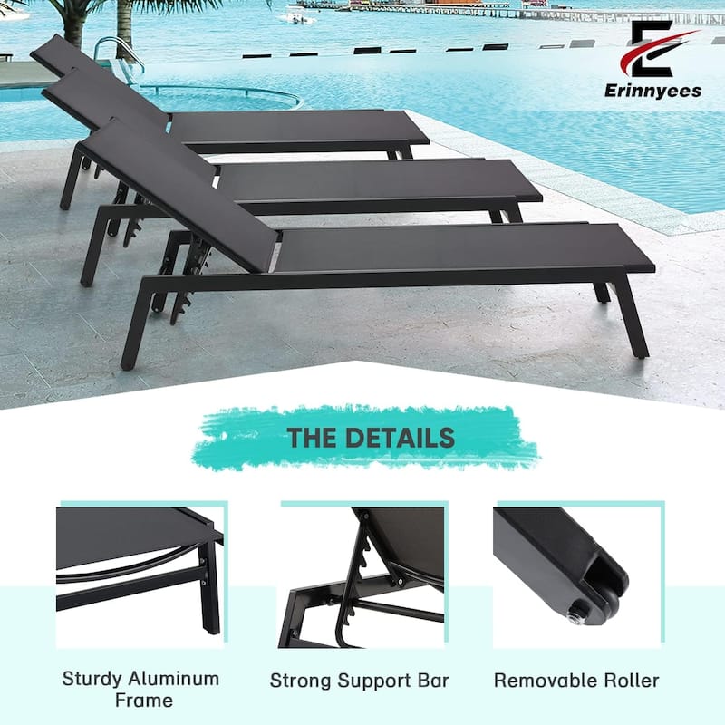 Erommy Outdoor Chaise Lounge, Aluminum Patio Lounge Chair with Wheels, All-Weather Five-Position Adjustable Reclining Chair