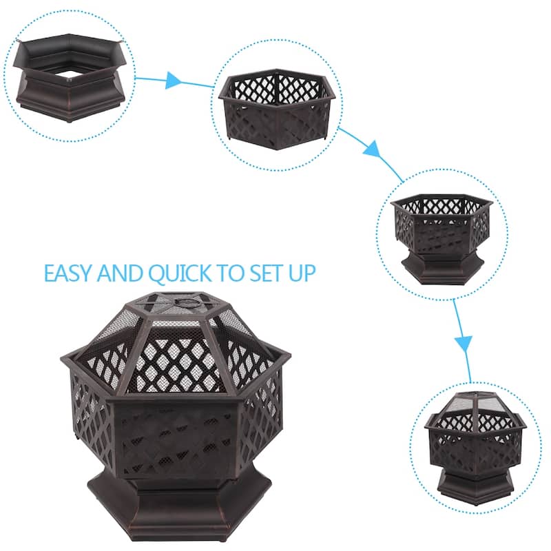 22" Hexagonal Shaped Iron Brazier Wood Burning Fire Pit