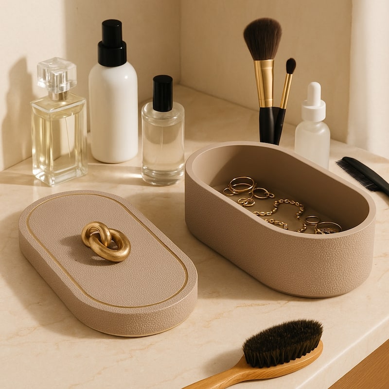 Decorative Oval Box with Textured Finish and Lid - 14", Tan & Gold - 14.0"