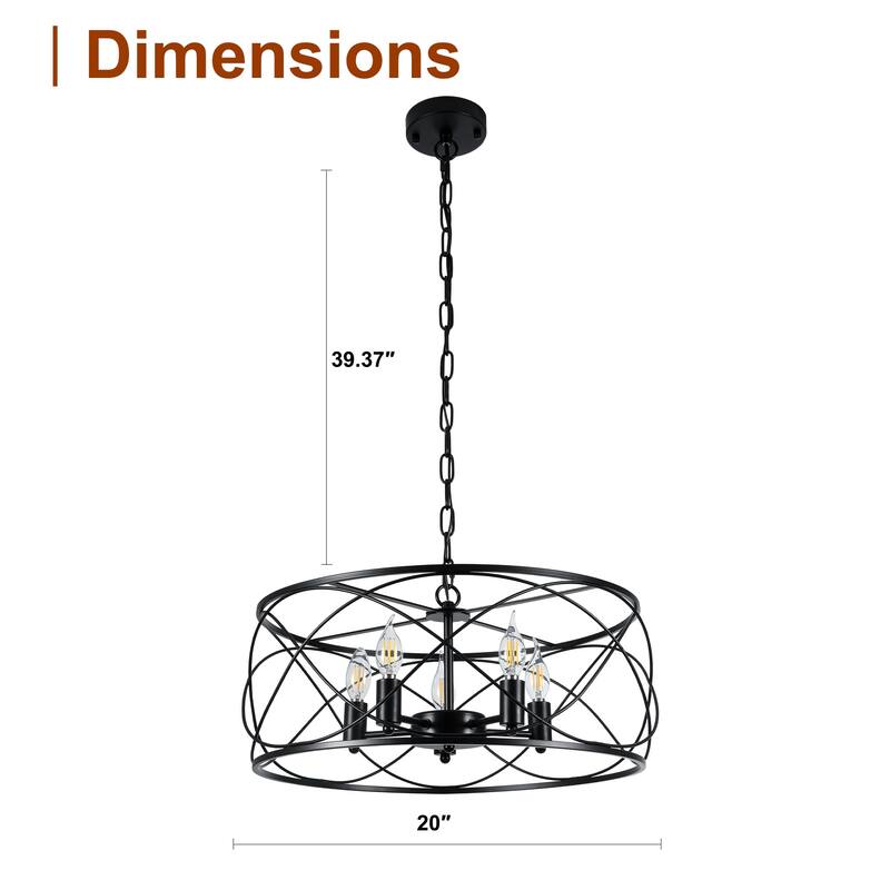 CurveCurio 20" Modern Industrial Caged Light, Contemporary Chandelier w 5 Lights, Adjustable Hanging Chain for Dinging Area