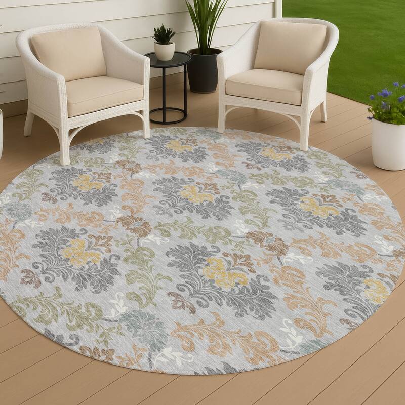 Machine Washable Indoor/ Outdoor Damask Patna Chantille Rug - Silver - 8' x 8'