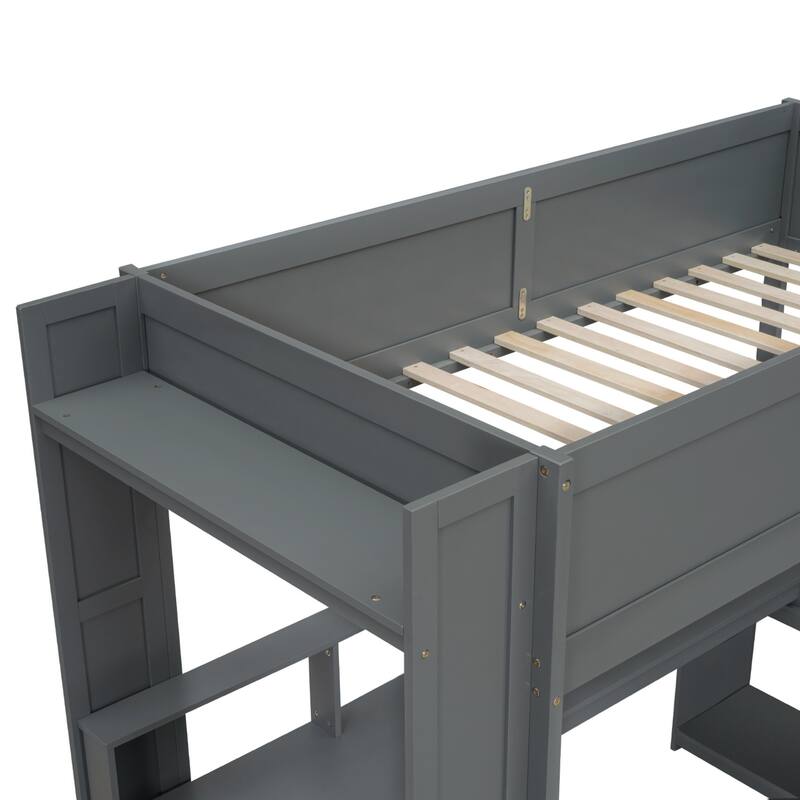 Gaming Loft Bed with Desk, LED & Charging Station, Mulfunctional Wood Loft Bed Frame with Storage Shelves & Drawer