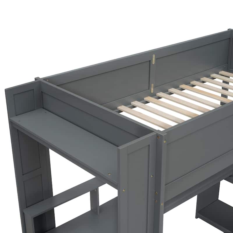Wood Gaming Loft Bed with Desk, Shelves, LED, Charging Station