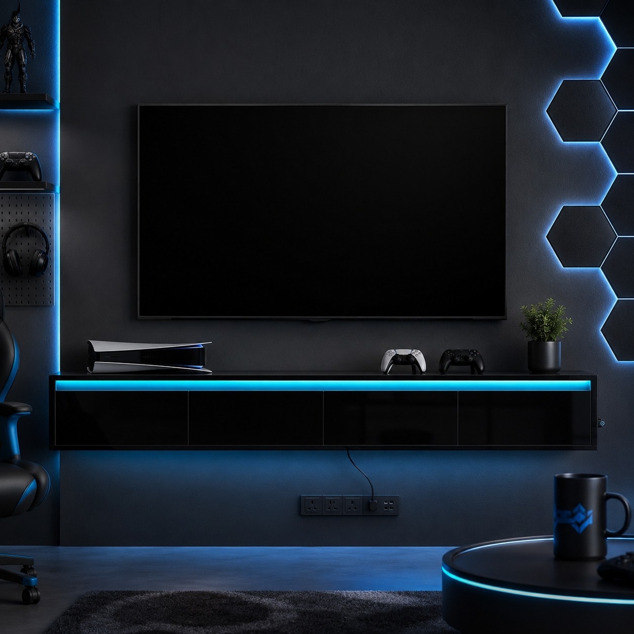 Floating TV Stand Wall Mounted with LED Lights, High Gloss TV Cabinet with Power Outlet and Storage Shelf